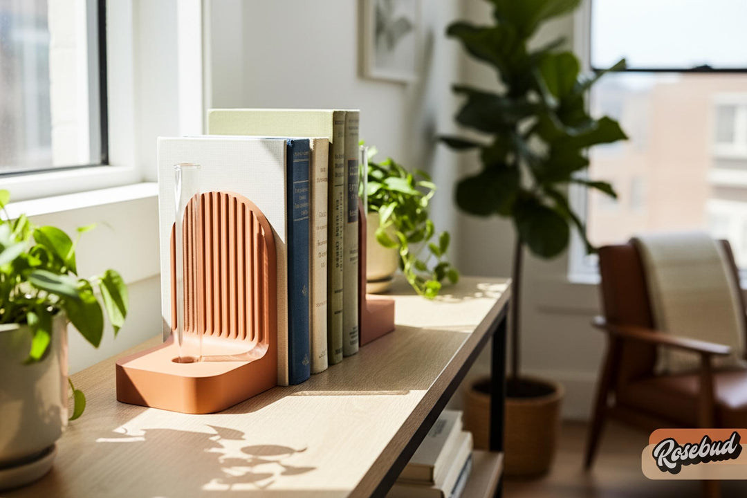 Orange ribbed arched bookend holding books on a desk