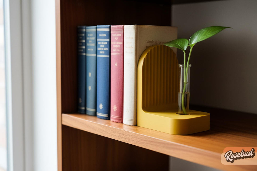 Ribbed bookend pair with arched fronts, yellow and dark blue books on a shelf
