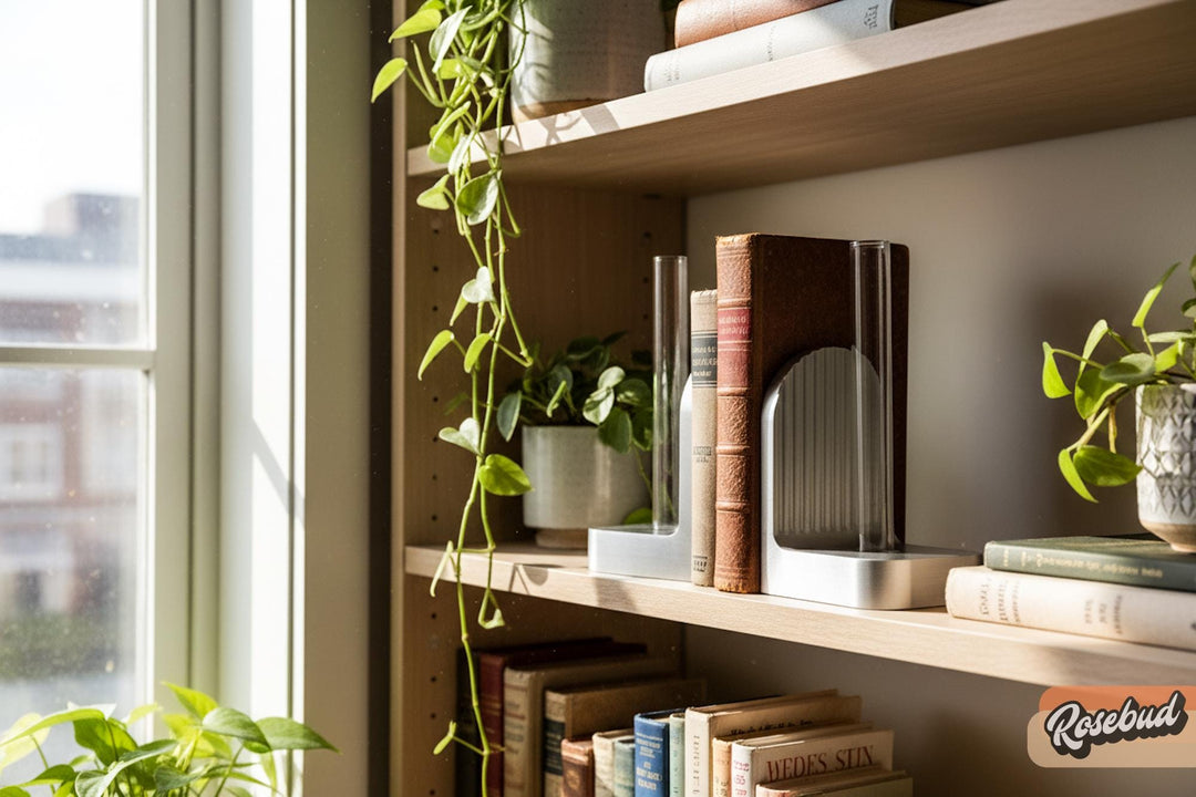Silver and dark ribbed arched bookends on a shelf beside books