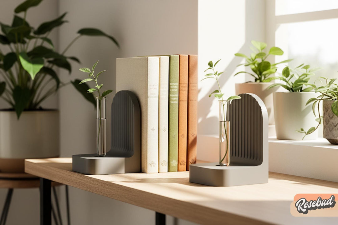 Ribbed bookend pair with arched fronts, black and warm neutrals on a shelf