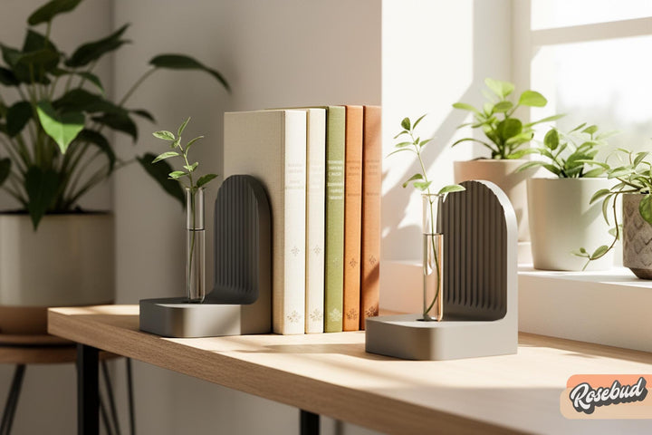 Ribbed bookend pair with arched fronts, black and warm neutrals on a shelf