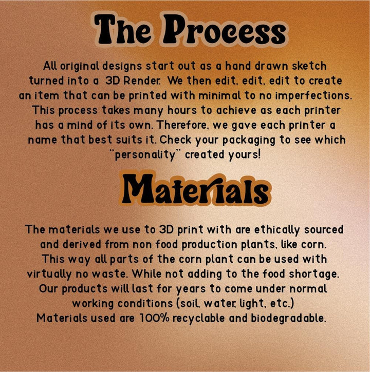 Brown packaging card with text about design process and recycled materials