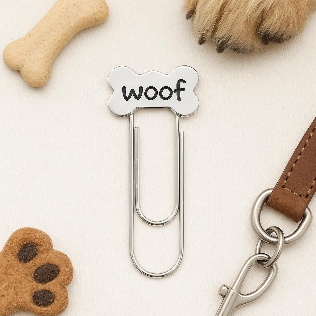 Woof engraved stainless steel bone paperclip bookmark charm, double-prong clip.