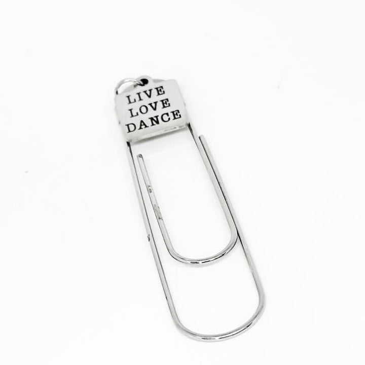 Stainless steel paperclip bookmark with LIVE LOVE DANCE engraved charm