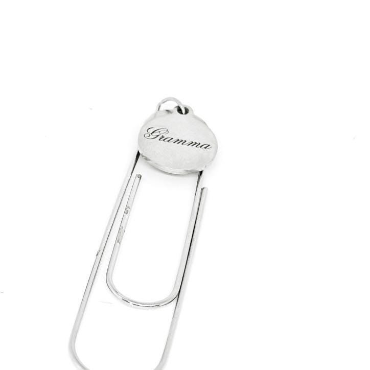 Stainless steel page holder clip with 'Gramma' engraved round charm, open loop