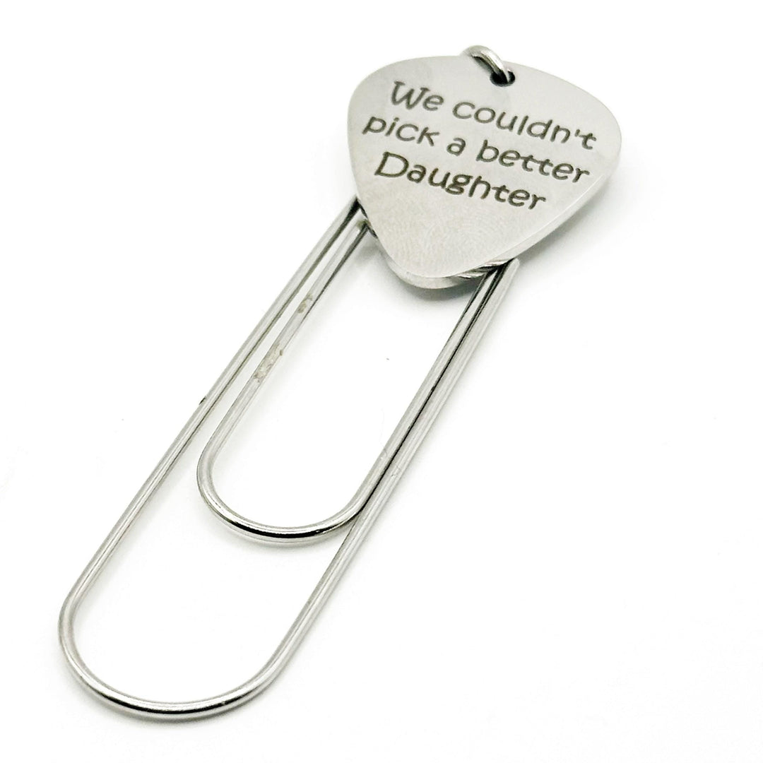 Engraved stainless steel heart charm attached to paperclip bookmark