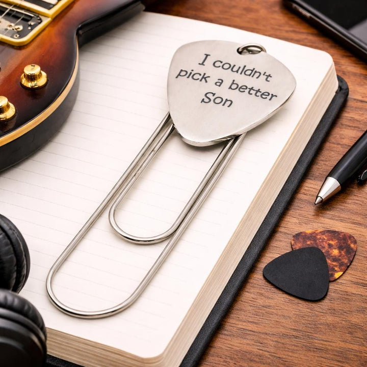 Stainless steel paperclip bookmark with engraved heart charm: 'I couldn't pick a better Son'