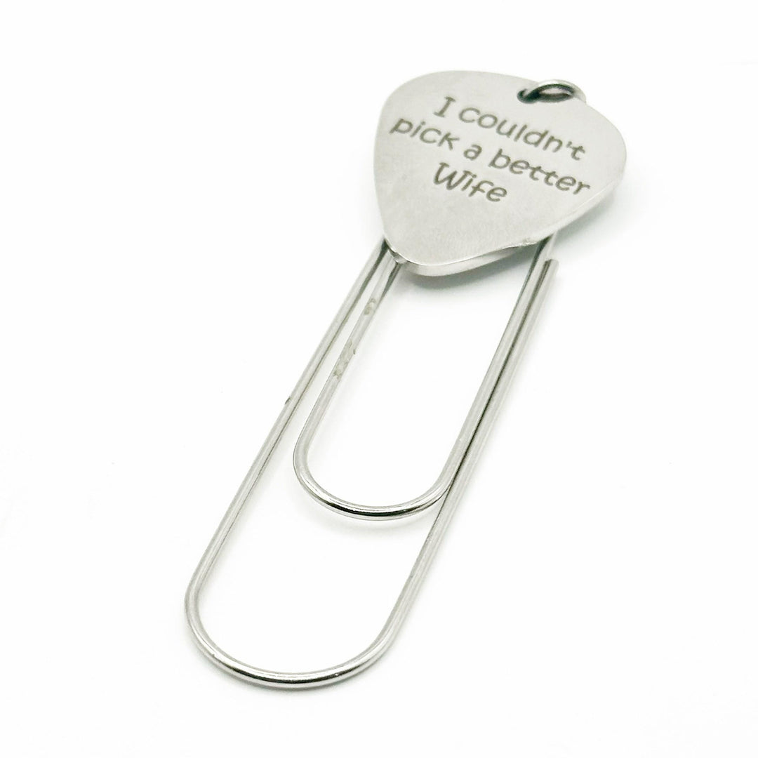 Heart-shaped stainless steel paperclip bookmark charm with engraved text