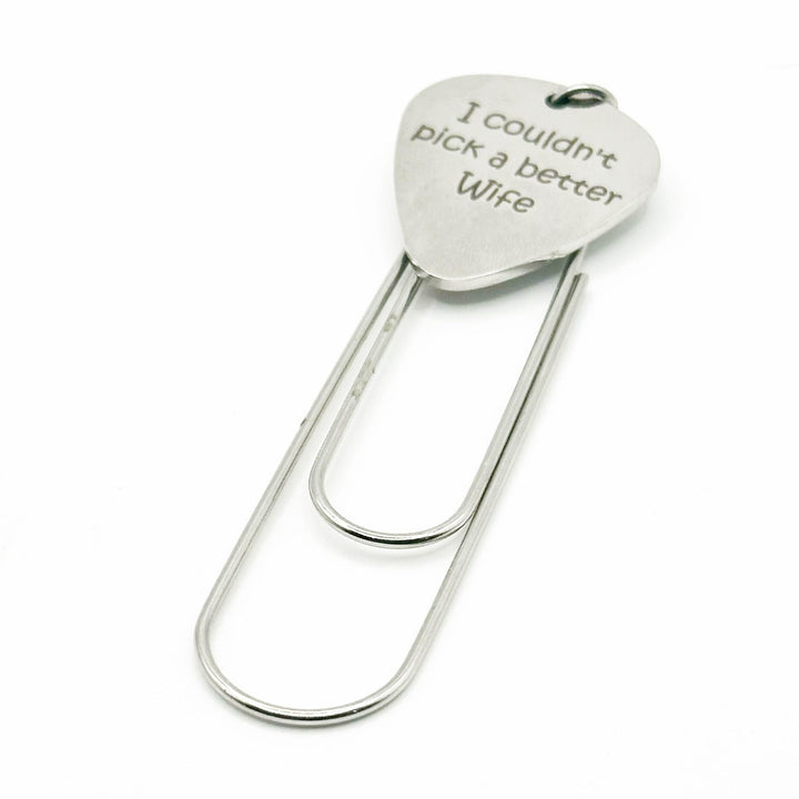 Heart-shaped stainless steel paperclip bookmark charm with engraved text