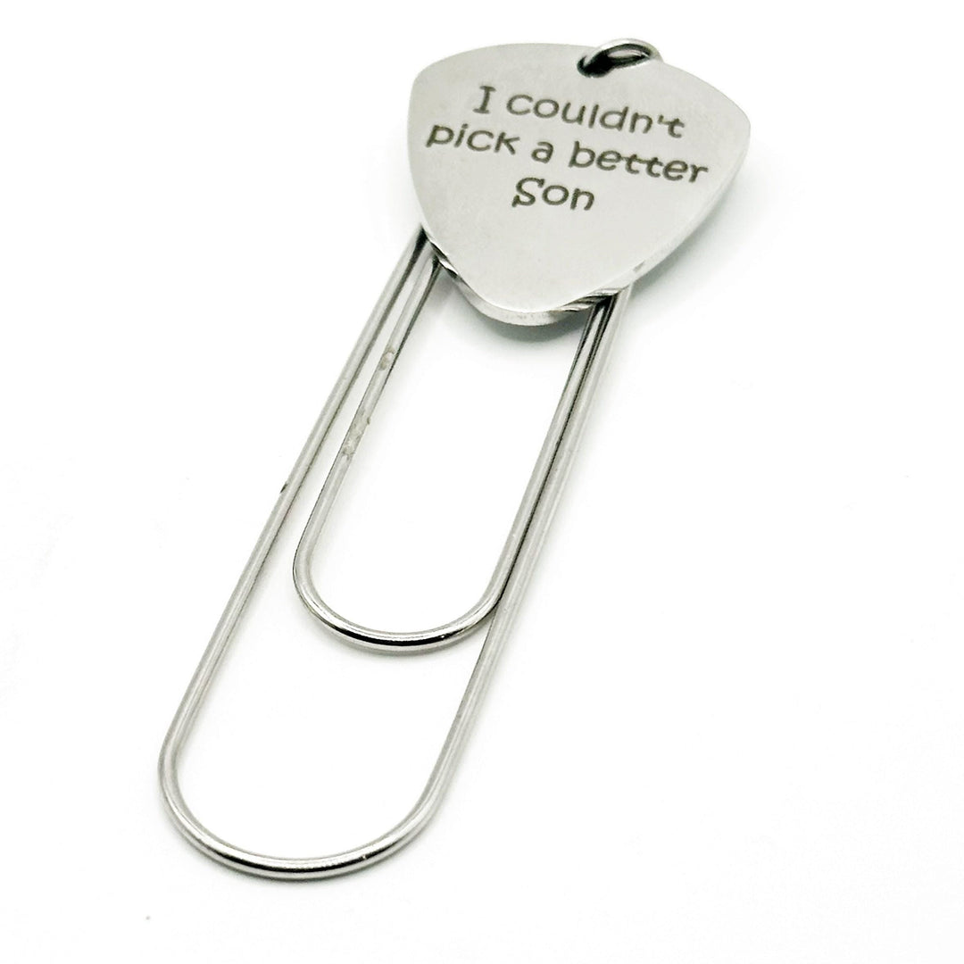 Stainless steel paperclip bookmark with engraved heart charm and two oval clip loops