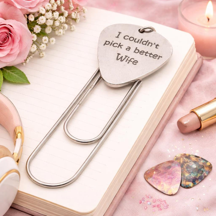Stainless steel heart paperclip bookmark with engraved message charm
