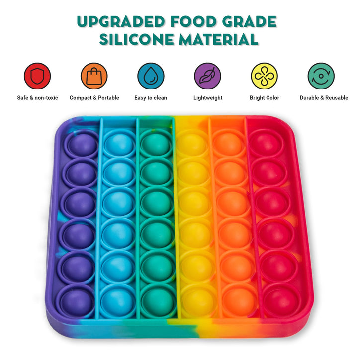 Square rainbow silicone pop fidget mat with divided color sections and circular buttons