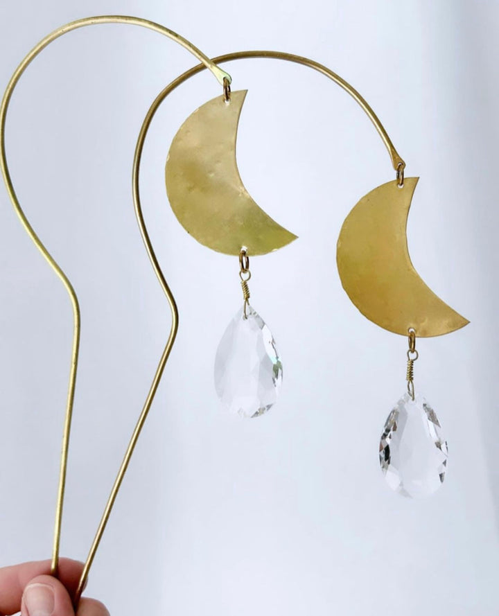 Gold crescent moon suncatcher with clear crystal teardrop drops and looped hooks