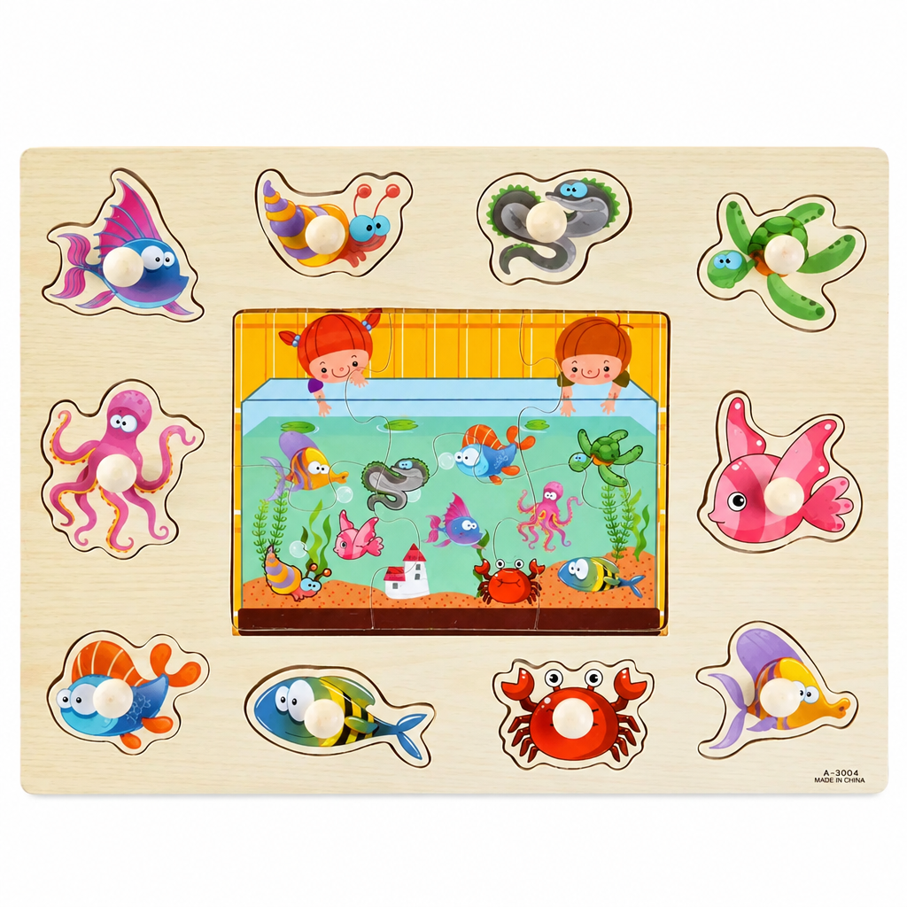 Wooden ocean scene puzzle board with 3D peg animals and a clear water window