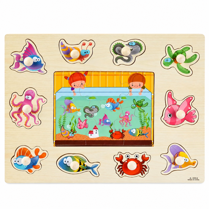 Wooden ocean scene puzzle board with 3D peg animals and a clear water window