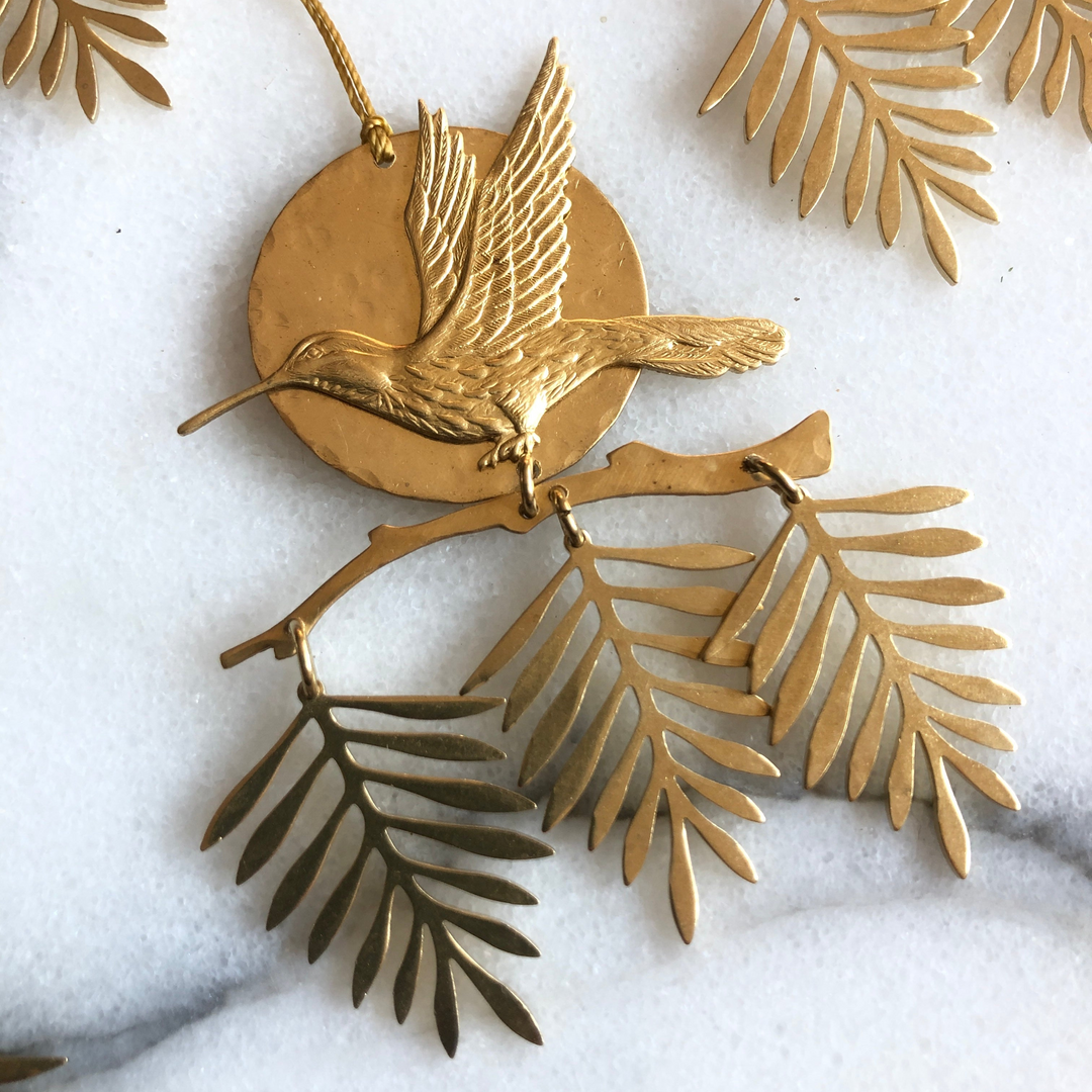 Gold mini hanging ornament set with leaf and bird wing cutouts, dangling charms