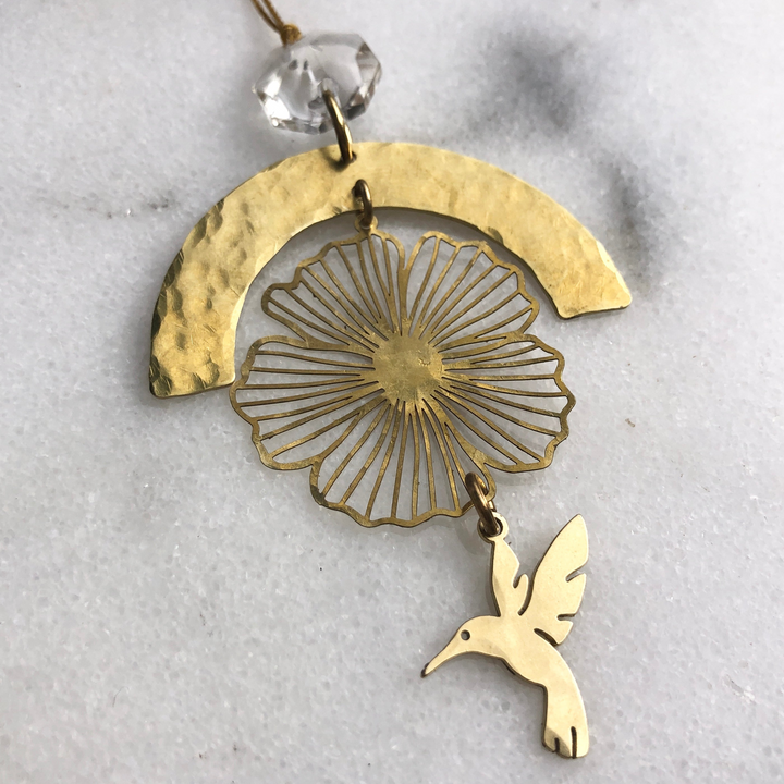 Gold hummingbird prayer ornament with filigree flower, clear faceted glass crystal, hanging loop