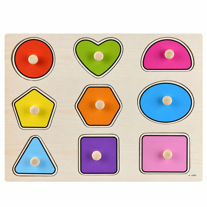 Color shape wooden puzzle board with rounded shapes and 3D peg center pieces