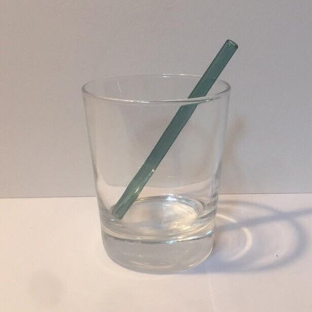 5-inch petite straw, green glass-style finish, angled in clear cup