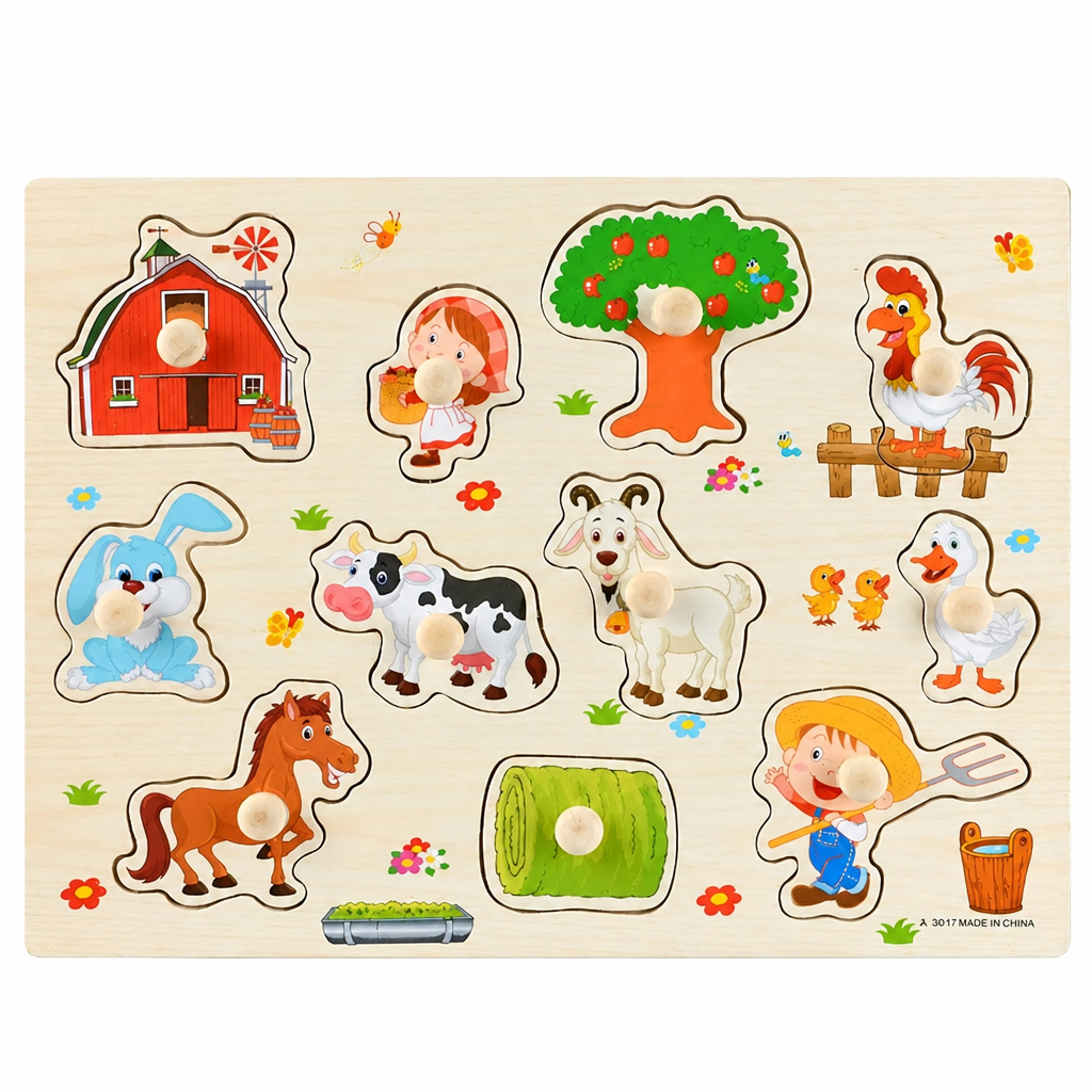 Farm and woodland wooden puzzle board with 3D animal pegs and cutout outlines