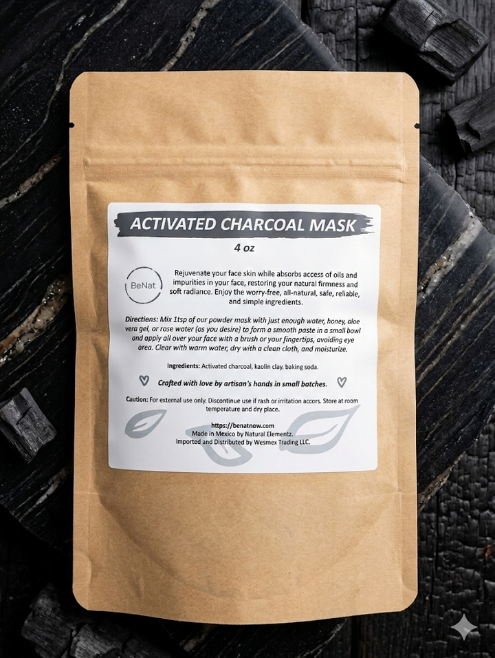 Brown kraft pouch labeled activated charcoal mask, 4 oz