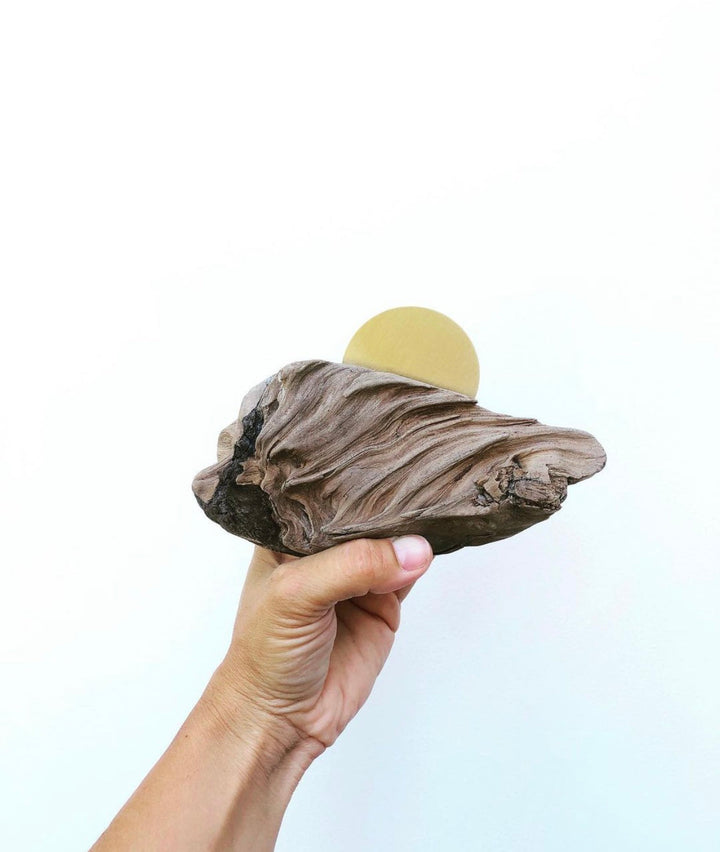 Driftwood wall sculpture holding a dark carved form with gold circular metal accent