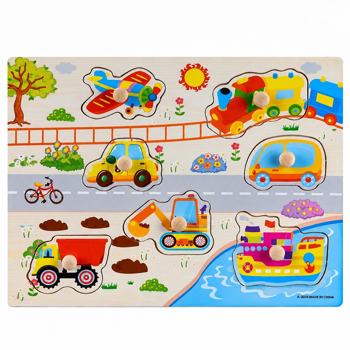 Vehicle wooden puzzle board with colorful transport cutouts and 3D pegs