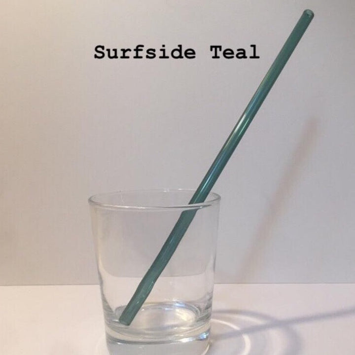 10-inch reusable straw in Surfside Teal, shown diagonally in a clear drinking glass.