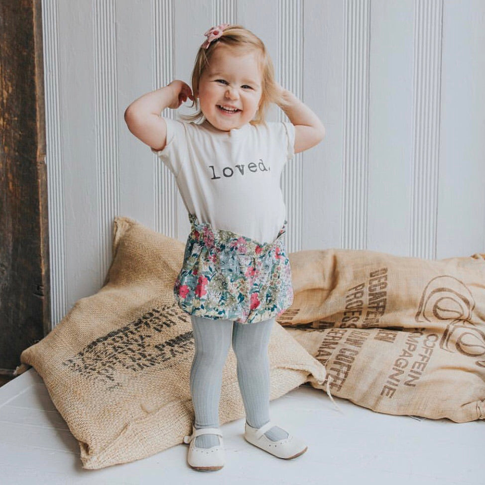 Kids organic T-shirt, cream with 'loved.' front print