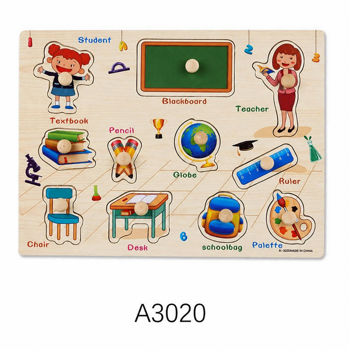 Classroom-themed wooden puzzle board with school items cutouts and 3D peg pieces
