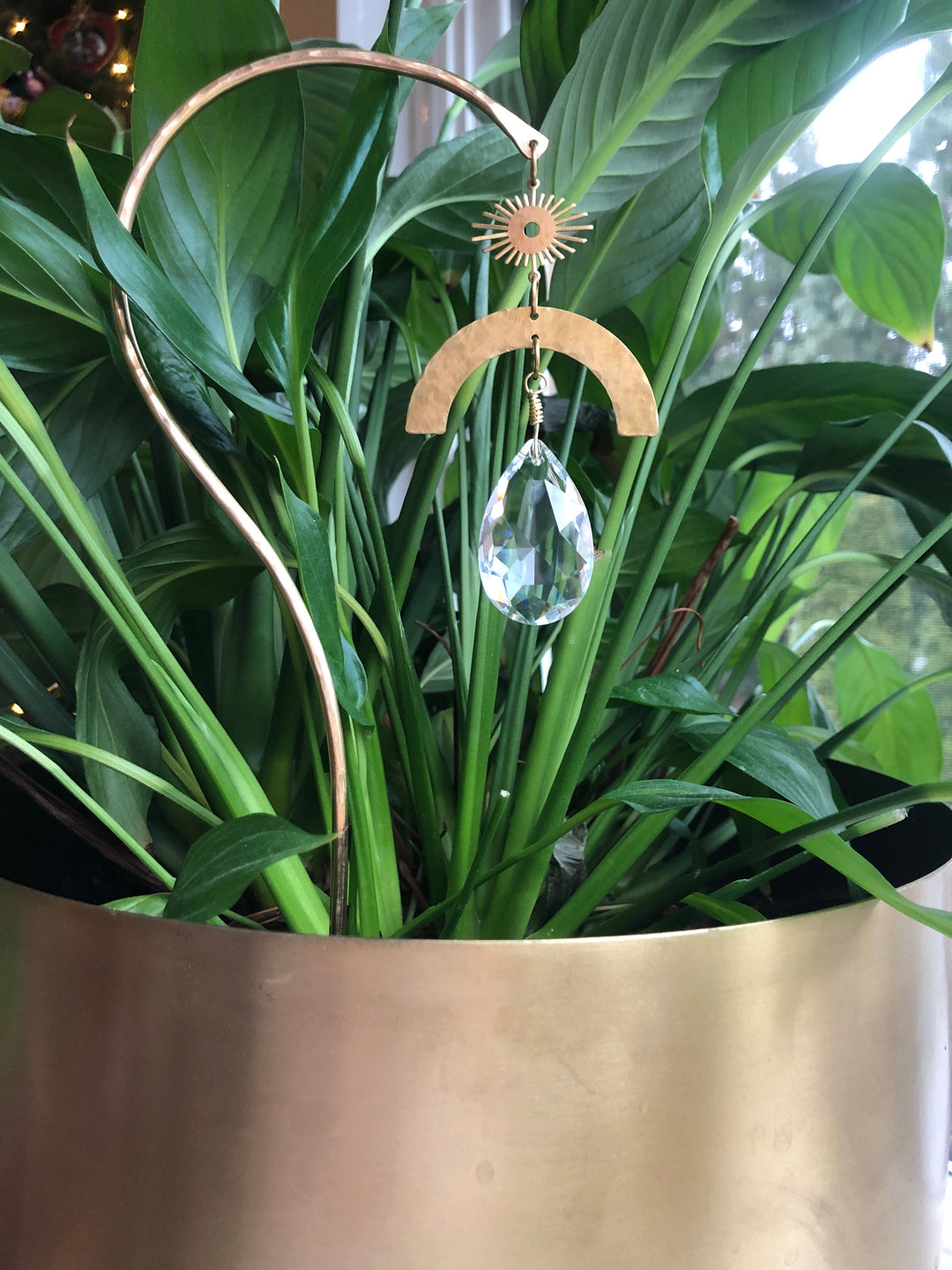 Garden suncatcher stick with arched tan crescent and hanging faceted glass crystal