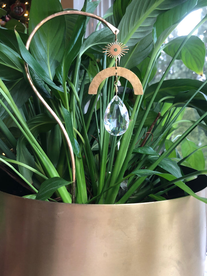 Garden suncatcher stick with arched tan crescent and hanging faceted glass crystal