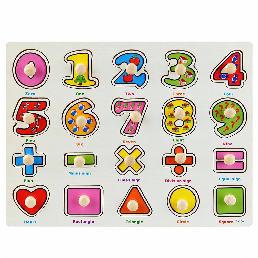 Math symbol wooden puzzle board with number and sign cutouts and peg pieces