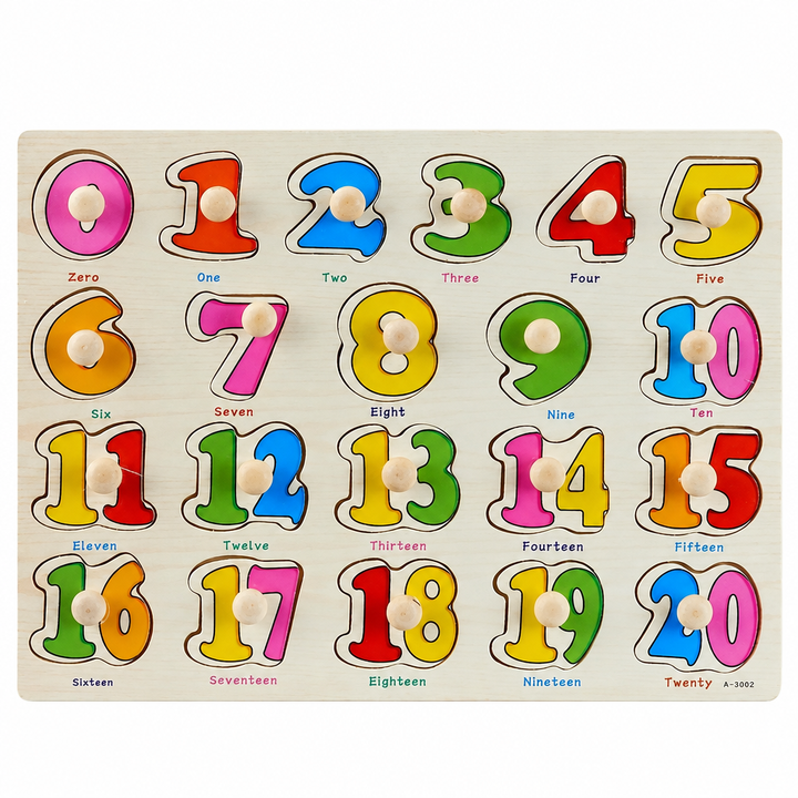 Wooden number puzzle board with 3D peg pieces from 1 to 20