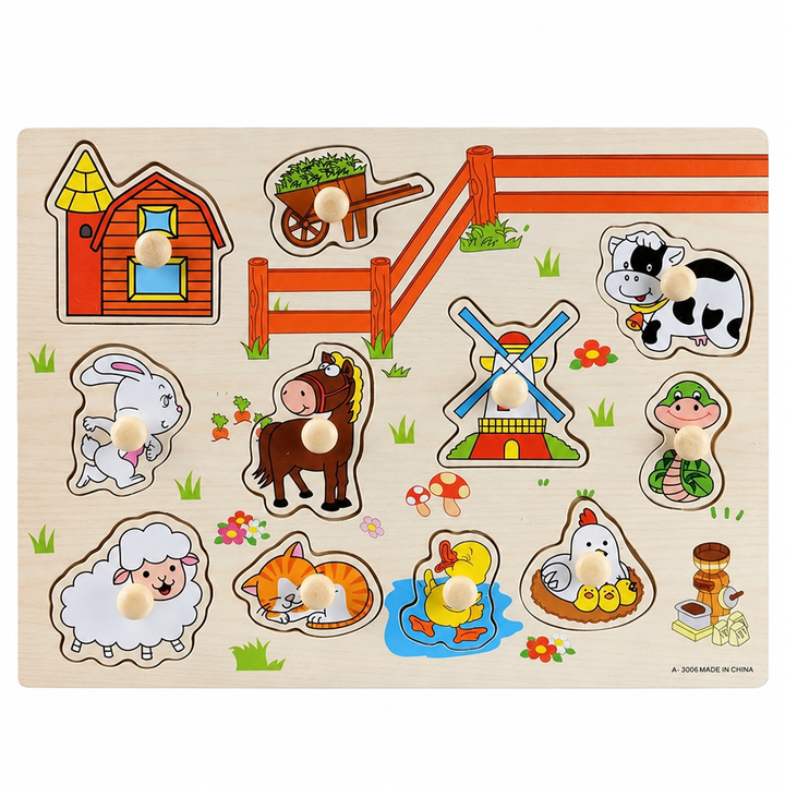 Wooden farm scene puzzle board with 3D peg pieces for animals and crops