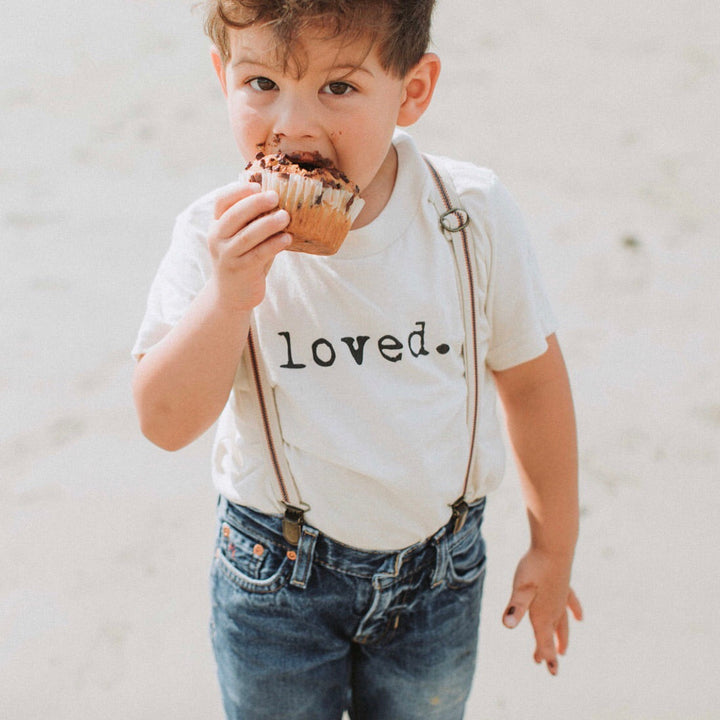 Kids organic T-shirt in cream with 'loved.' chest graphic
