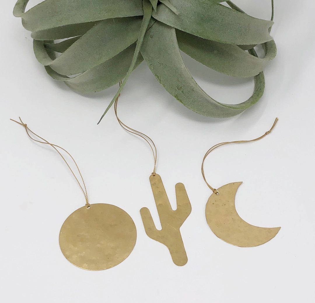 Hanging ornament set with round disc, cactus and crescent moon charms, with gold-tone ties