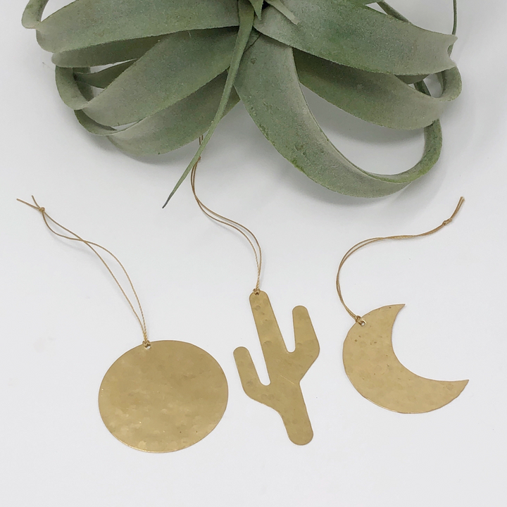 Hanging ornament set with round disc, cactus and crescent moon charms, gold-tone strings