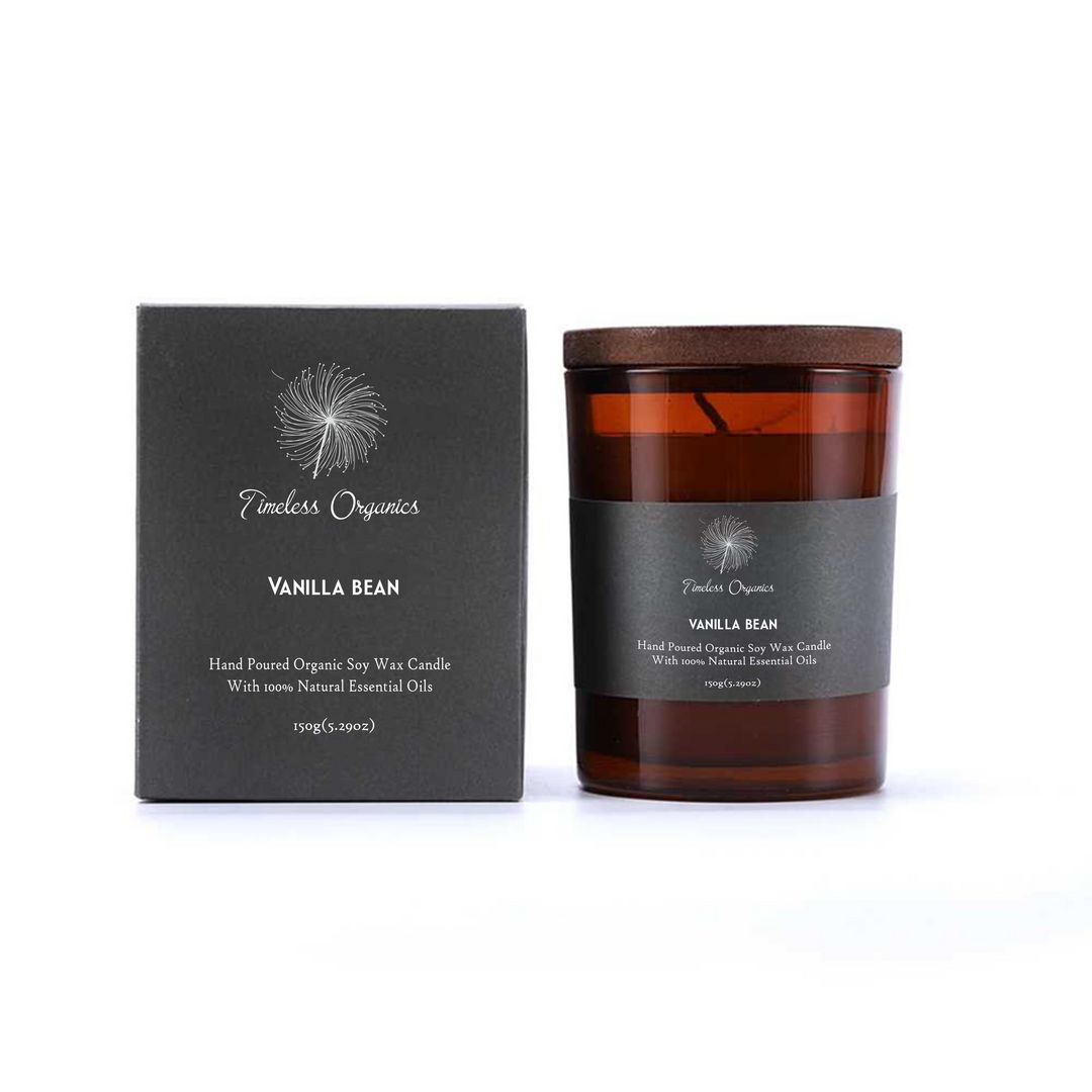 Vanilla bean candle gift box with matching amber jar candle.