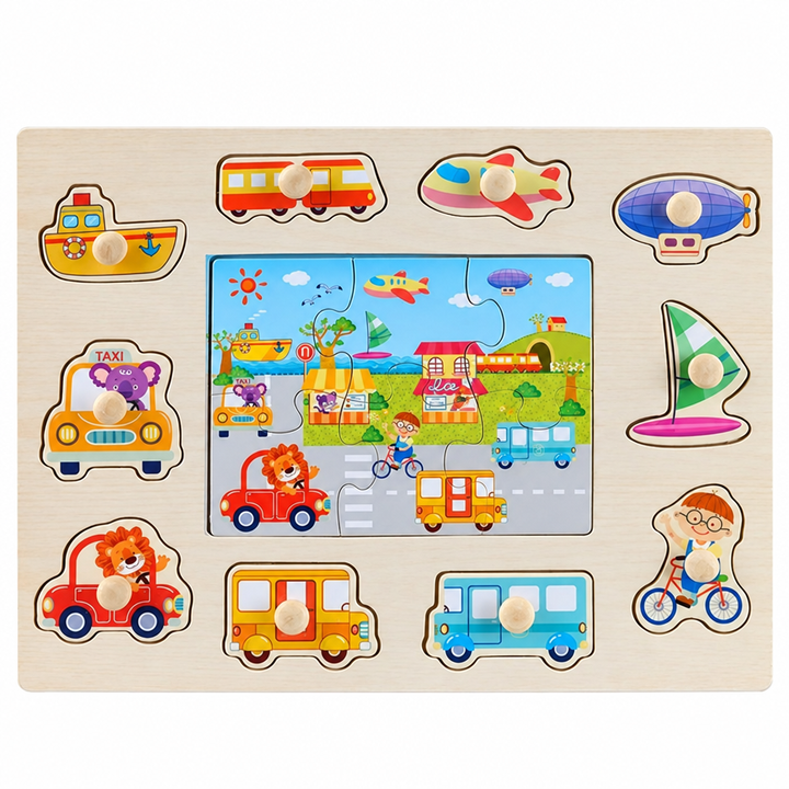 Wooden vehicle puzzle board with 3D peg pieces and an inset road scene