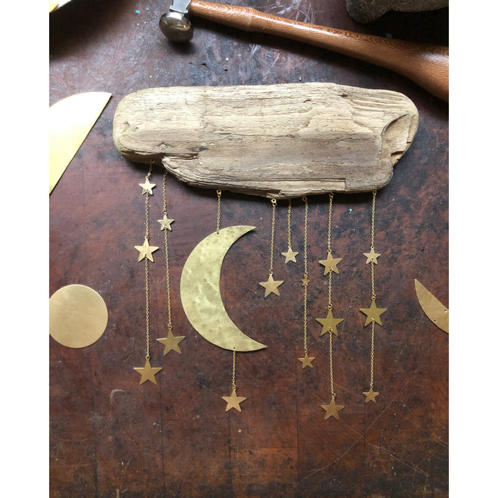 Rustic wood moon and star wall sculpture with gold hanging star charms