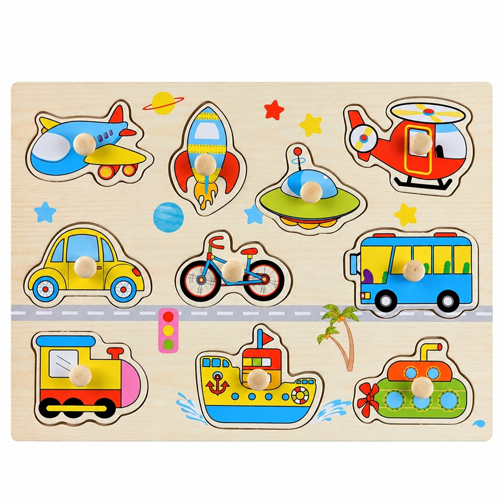 Transportation wooden puzzle board with cars, trucks, boats, and 3D peg pieces