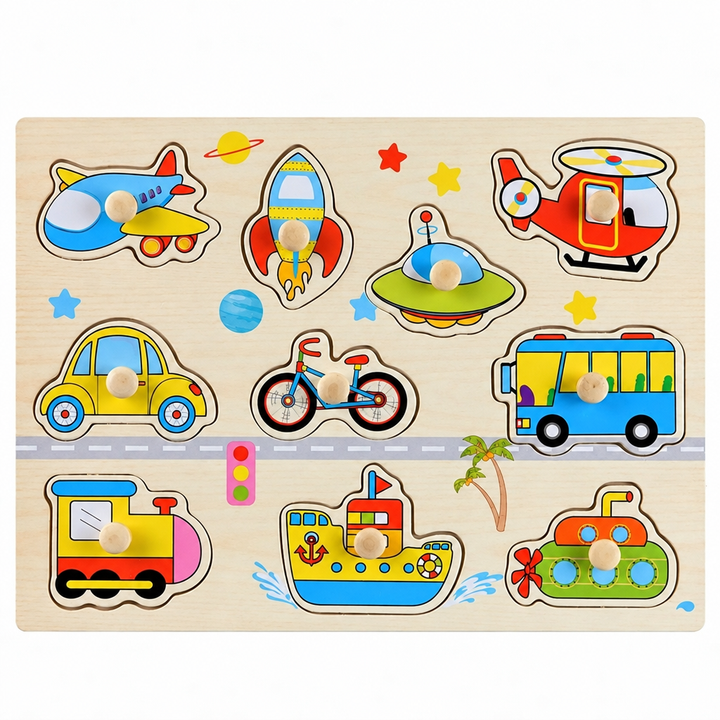 Transportation wooden puzzle board with cars, trucks, boats, and 3D peg pieces