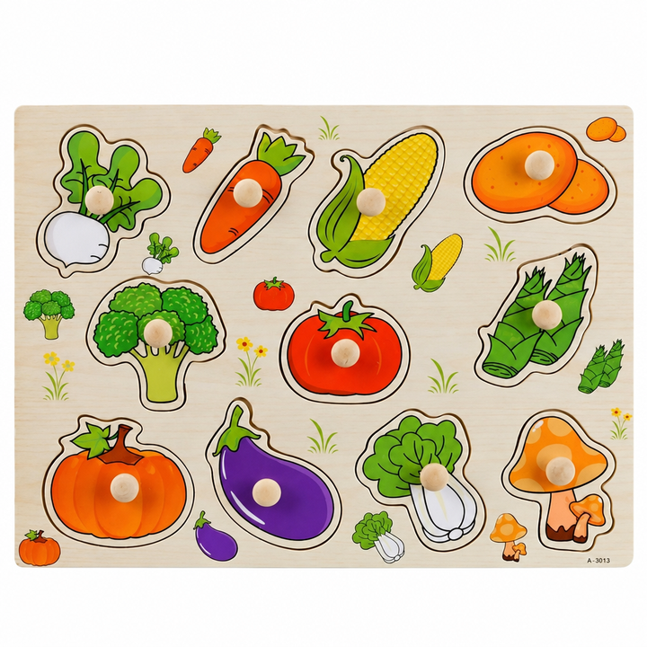 Wooden vegetable and fruit puzzle board with 3D peg pieces and picture cutouts