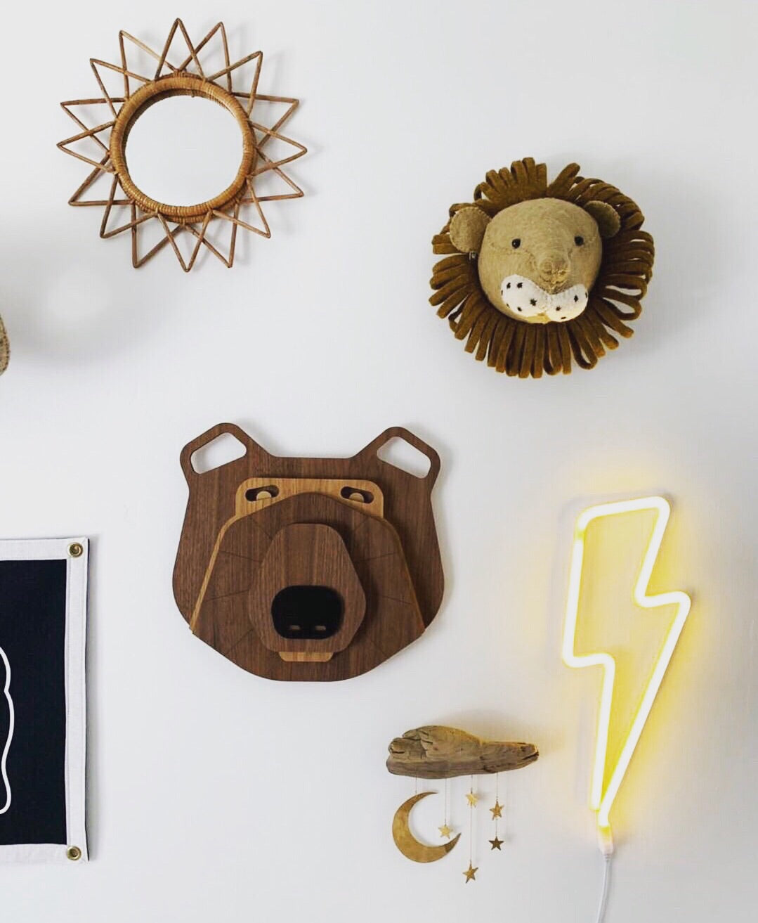 Kids wall decor set with lion and wooden bear face cutouts and gold sun