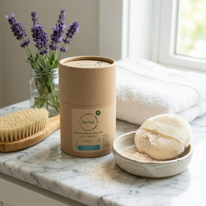 BeNat natural body powder canister with lavender powder in a dish.