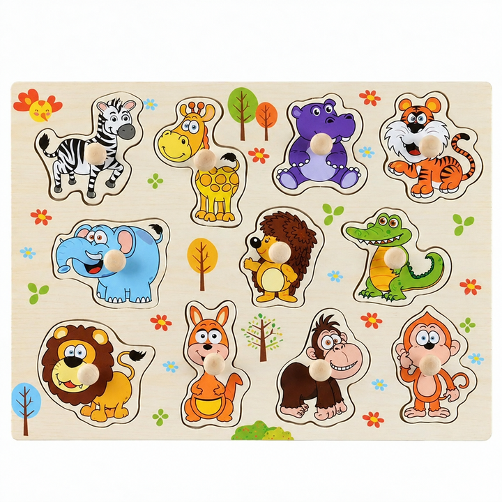 Cartoon animal wooden puzzle board with 3D wooden pegs for matching shapes