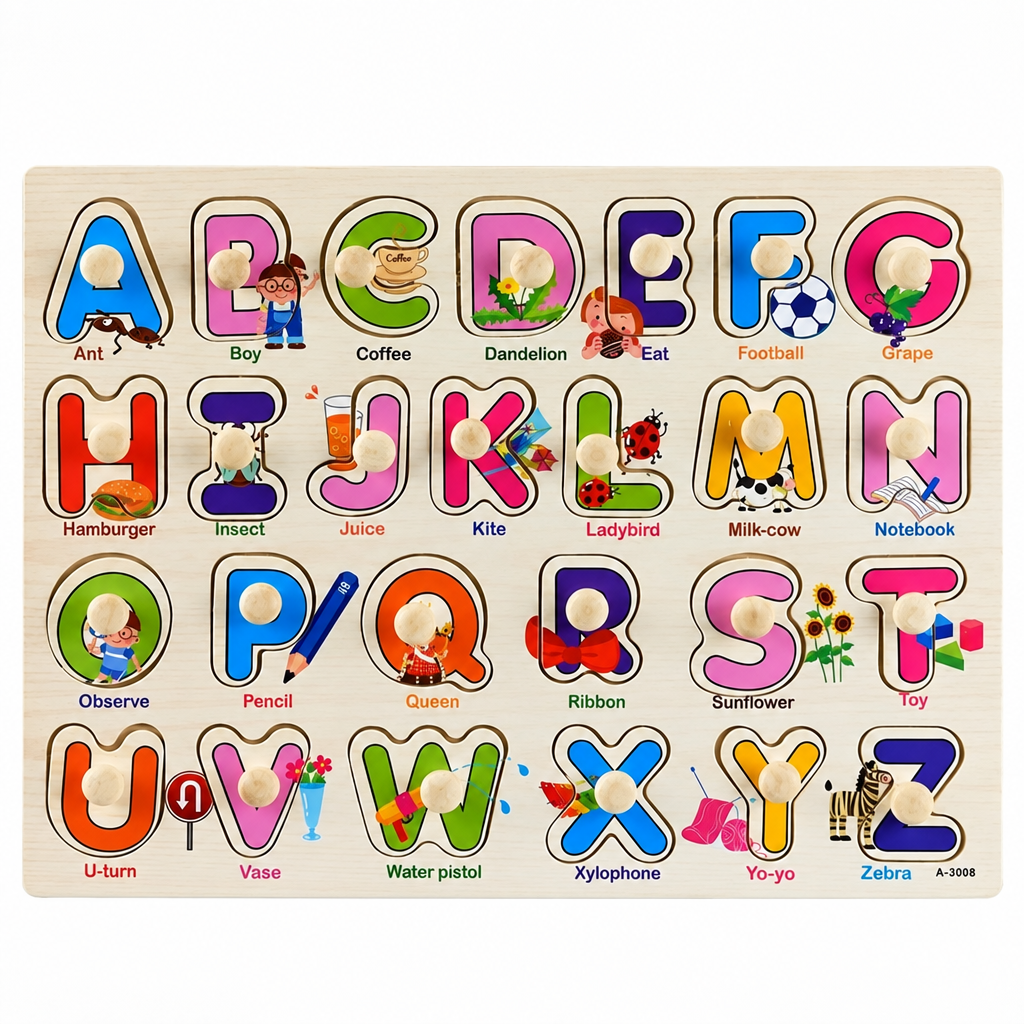 Alphabet and word-themed wooden puzzle board with 3D peg pieces and icons