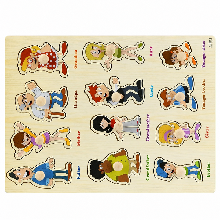 Family-themed wooden puzzle board with character cutouts and 3D peg pieces