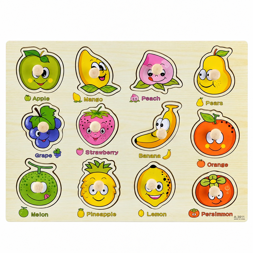 Wooden fruit puzzle board with 3D peg pieces shaped like apples, bananas, and more
